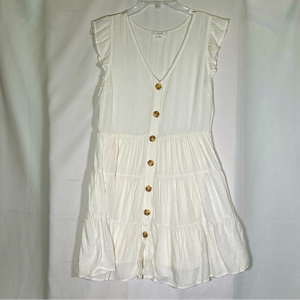 E & M‎ Ivory Button Down Front V-neck Cap Sleeve Boutique Dress Women's M